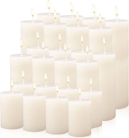 24 Pack Pillar Candles Bulk,Ivory Unscented Tall Candles,3 Sizes White Dripless Smokeless Wax Sticks for Wedding,Dinner Table,Christmas and Home Decor,24|45|60 Hours Burning