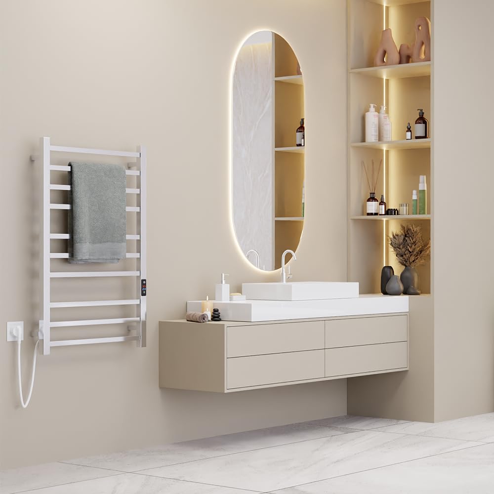 SATOH Towel Warmer for Bathroom Heated Towel Rack Wall Mounted Electric Drying Rail with Plug-in Installation & Timer Stainless Steel Hot Towel Warmer - 88cm x 53cm (Polished Chrome)