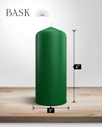 Cone Top Pillar Candles by Bask - Set of 6-3" x 6" Dripless Unscented Holiday Candles in Green for Home Decor, Relaxation & All Occasions