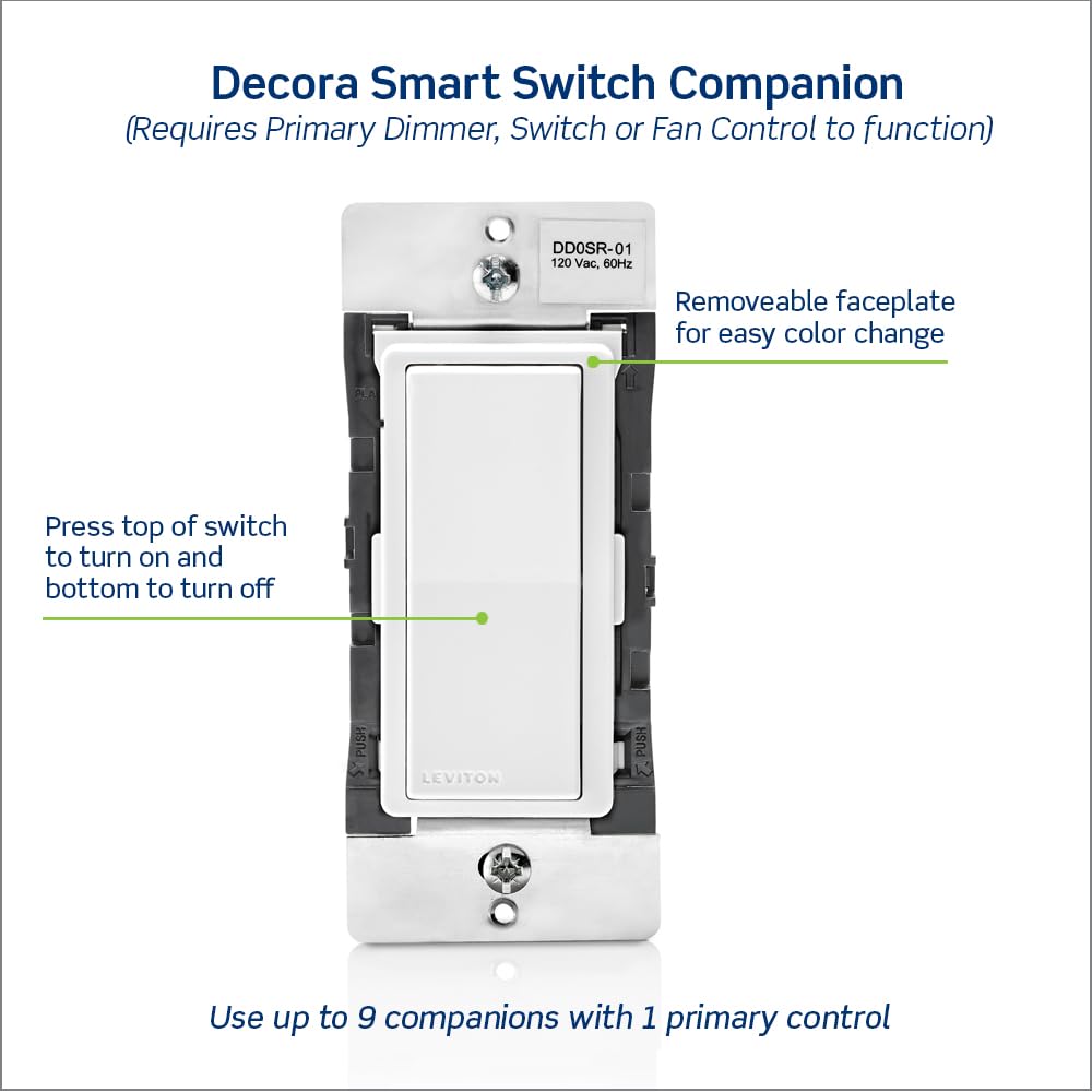 Leviton Decora Smart Switch Companion for Multi-Location Switching (Not for stand-alone use), 120VAC, 60Hz DD0SR-1RM, White, Light Almond