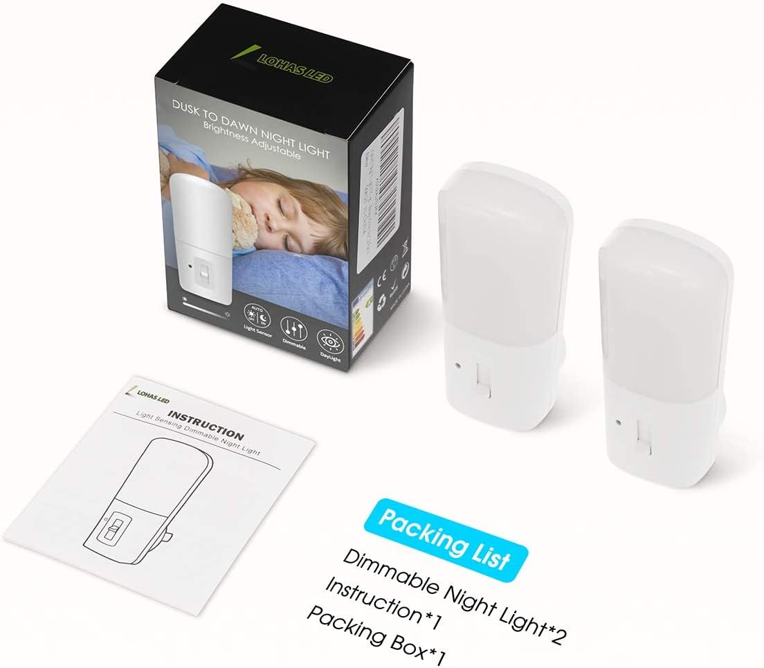 LOHAS Plug in Night Light, Dimmable LED Night Lights With Dusk to Dawn Sensor, Soft White 3000K Sleep Nightlight, Adjustable Brightness 5-80lm Mini Light for Nursery Kids Room Hallway Kitchen, 2 Pack