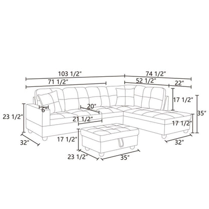 UOCFYK L-Shaped 3-Piece Linen Sofa with Storage Ottoman Set, Sectional Couch Sofa Set for Living Room, Office, Small Space, Grey