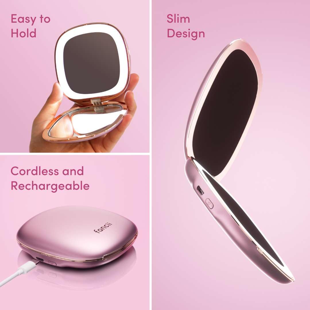 Fancii Compact Makeup Mirror with Natural LED Lights, 1x/ 10x Magnifying - Rechargeable, Portable, Lighted 4” Hand Mirror for Travel and Purses, Mila (Berry Crush)