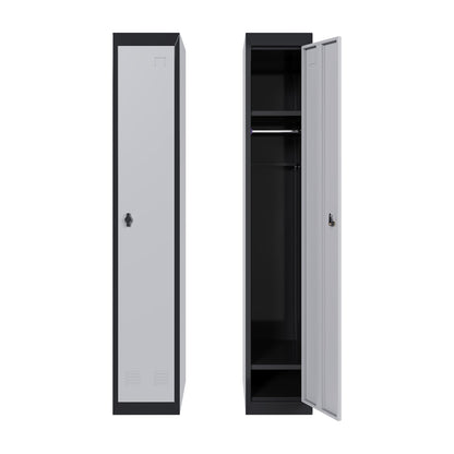 Narrow Metal Locker, 72 Inch Metals Broom Storage Cabinet with Shelves, Lockable Cabinets Doors & Keys Tall Brooms Suitable for School, Office, Home, Staff and Students Storage(Black & Grey)