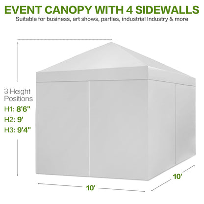 Tunbne 10X10 Comercial Pop Up Canopy Tent with 4 Sidewalls and 6 Pockets, One Push Setup Center Lock, for Beach Patio Outdoor, Case, 8 Stakes, 4 Ropes, 4 Sandbags (Snow White)