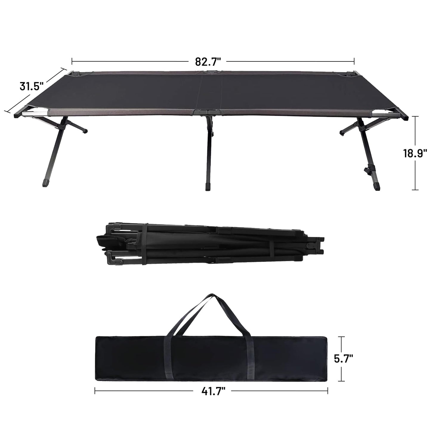 Portal Folding Portable Camping Cot, Guest Bed with Carry Bag and Side Storage Organizer, Camping Cots for Adults Sleeping, Away Tent Sleeping Cot Bed, Supports 300 LBS, Black
