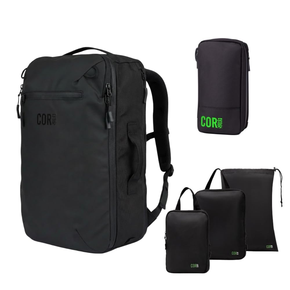 COR Surf Carry On Travel Backpack Bundle | Island Hopper Travel Backpack with Toiletry Bag and Compression Packing Cube Set (28L, Black)