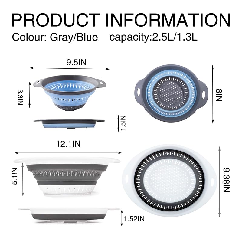 Collapsible Colander Set, Square Round Triangles Silicone Kitchen Strainer Perfect for Draining Pasta Vegetable fruit 2 PCS (10.8"L x 8.6"W x 2"H, Red & Green)