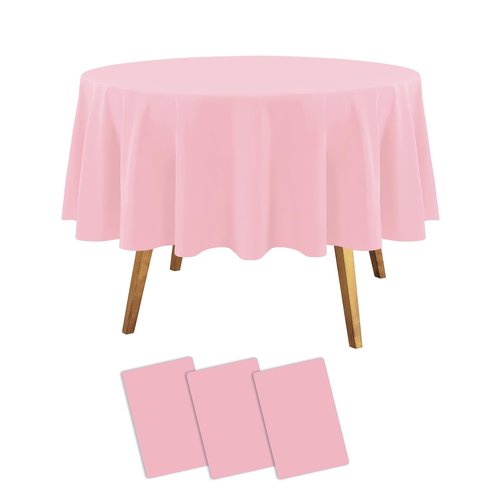 Childom Round Tablecloths,3 Pack 84 Inch Round Plastic Tablecloths Disposable Table Covers Pink Tablecloth for Indoor or Outdoor Parties Birthdays Weddings Holiday Dinner Anniversary Buffet Table