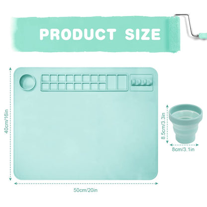OSDUE Silicone Painting Mat, 20" x 16"Silicone Art Mat with Cup, Kids Painting Mats for Crafts - Thick Large Artist Mats for Resin DIY Drawing Clay and Play Doh - (Blue)