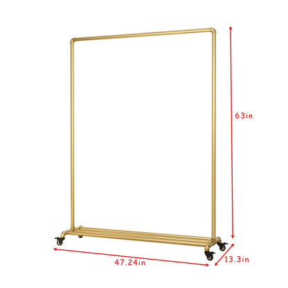 FONECHIN Industrial Gold Clothing Racks on Wheels, Boutique Display Gold Clothes Rack with Shelf, Rolling Garment Rack for Retail Use