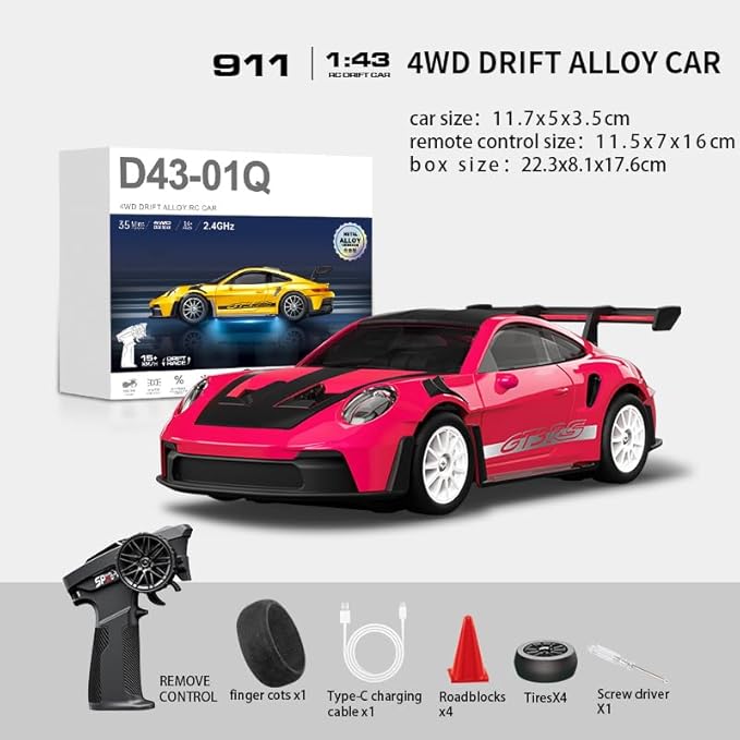 D43-01 1:43 Scale 2.4G Full Proportional 4WD Alloy RC Drift Car with Gyro System Silent Bearings Adjustable Speed &amp LED Lights for Adults High Speed Remote Control Racing Car