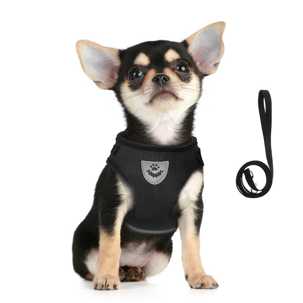 FEimaX Dog Harness and Leash Set for Walking, Soft Mesh Adjustable Easy Control Lightweight Cat Vest Harnesses with Reflective Strips, Escape Proof Small Dogs Cats Vests (Black, X-Small)