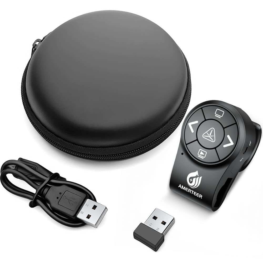 AMERTEER Bluetooth Wireless Presentation clicker for PowerPoint presentations, RF 2.4GHz Finger Ring Remote, PPT Slides Rechargeable
