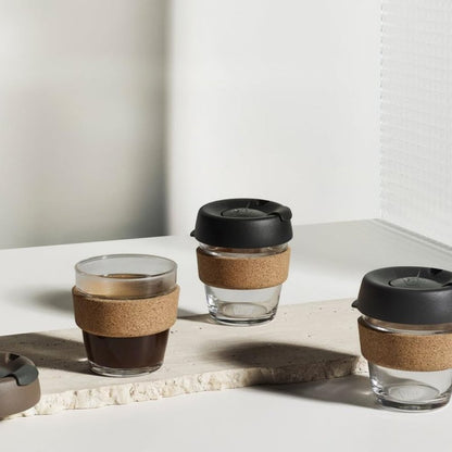 KeepCup Brew Cork, Reusable Glass Tumbler with Natural Cork, Espresso Coffee Cup 6oz / 227ml - Black
