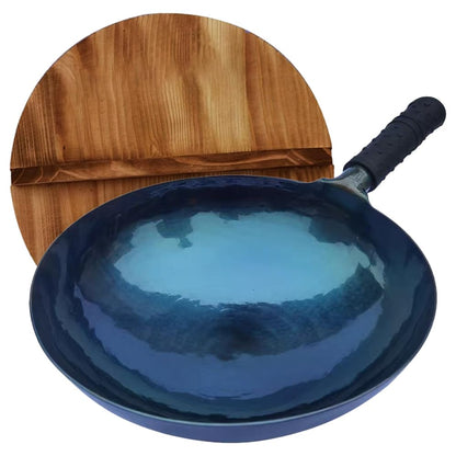 Lvhop iron wok with lid,14 inch woks & stir-fry pans nonstick,chinese traditional pans for open fire,large cookwares,cooking,bbq,grill,camping,blue pre-seasoned round bottom wok (36cm)