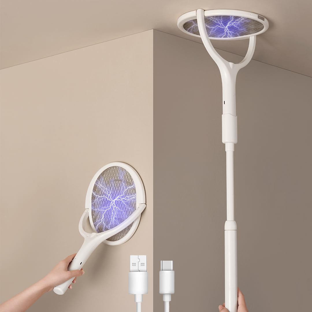 GeckoMan Rotating Head Electric Fly Swatter Racket Rechargeable Bug Zapper Racket Bug Zapper Indoor Fly Zapper Mosquito Zapper Flies Killer for Indoors, with a Telescopic Extension