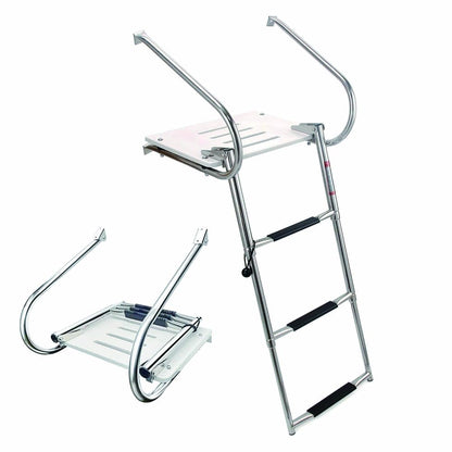 Mojiate Universal Inboard/Outboard Swimming Ladder with Fiberglass Platform, Telescopic Boat Ladder with 2 Handrails, Extendable Folding Stepladder for Marine, Ship, Yacht and More (3 - Step)
