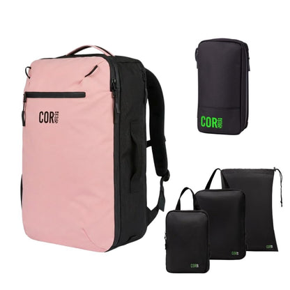 COR Surf Carry On Travel Backpack Bundle | Island Hopper Travel Backpack with Toiletry Bag and Compression Packing Cube Set (28L, Pink)