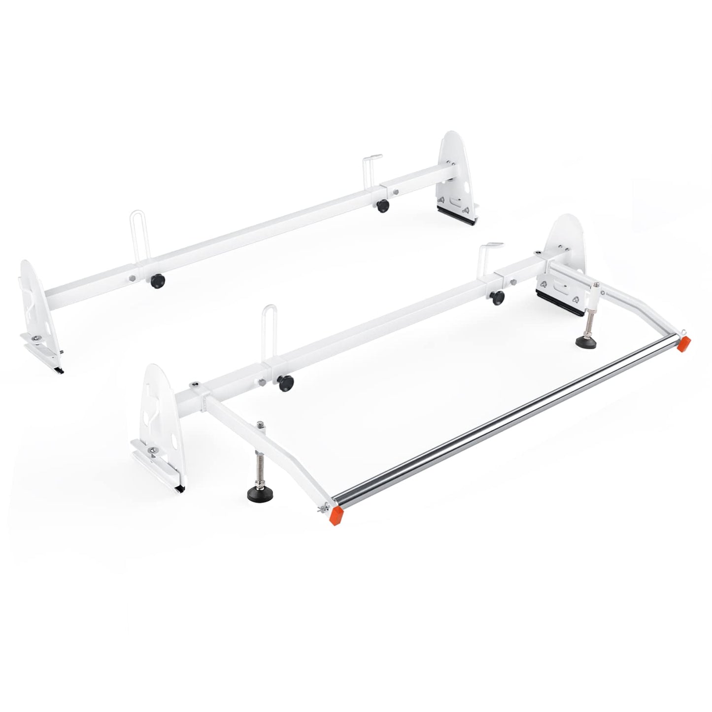 AA-Racks Model RX27 Fullsize Steel Two-Bar Van Ladder Roof Racks with Rear Cargo Roller - White