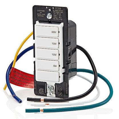 Leviton Countdown Timer Switch for bathroom fan and household lights, 5-10-15-30 min, No Neutral Required, Single Pole, 15A, 1/2 HP/9.8A Fan/Motor, DT130-1LW, White