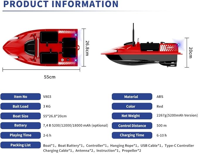 RC Bait Boat for Fishing with 4 Boxes Dual Antena and 18000mAh Battery for 500M Long-Range Bait Boat with LED Light Hook Release High-Definition Color Screen Remote Control