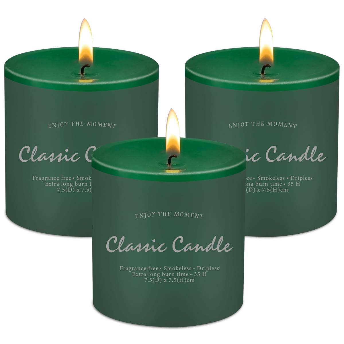 Set of 3 Dark Green Pillar Candles 3" x 3" Unscented for Weddings Christmas Home Holidays Relaxation St Patrick's Day Church