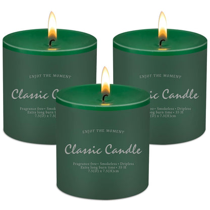 Set of 3 Dark Green Pillar Candles 3" x 3" Unscented for Weddings Christmas Home Holidays Relaxation St Patrick's Day Church