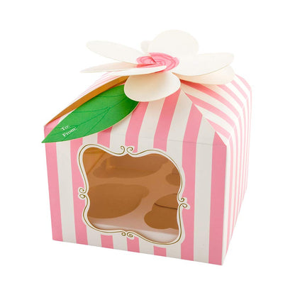 Restaurantware-Pastry Tek 7 x 7 x 5 Inch Cupcake Gift Boxes, 100 Fits 4 Cupcake Favor Boxes - Flower Top, Cupcake Inserts, Pink Paper Treat Boxes With Window, For Weddings Or Parties, Stripes