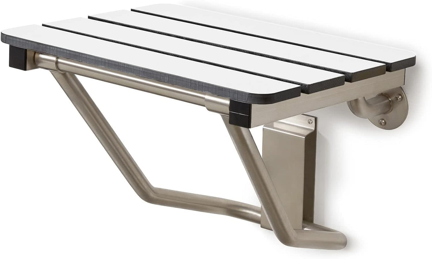 30" x 15" Phenolic White 3” Slats Folding Wall Mount Shower Seat Bench, ADA Compliant