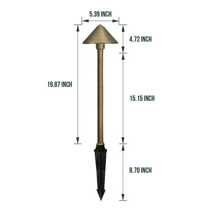 GKOLED Solid Brass Landscape Path Lights (5" Shade, 20" Tall), Low Voltage LED 3W 12-24V AC/DC Conehead Path Lighting, 2700K Outdoor Waterproof Walkway Light, with Stake and G4 Bulb, 2 Pack