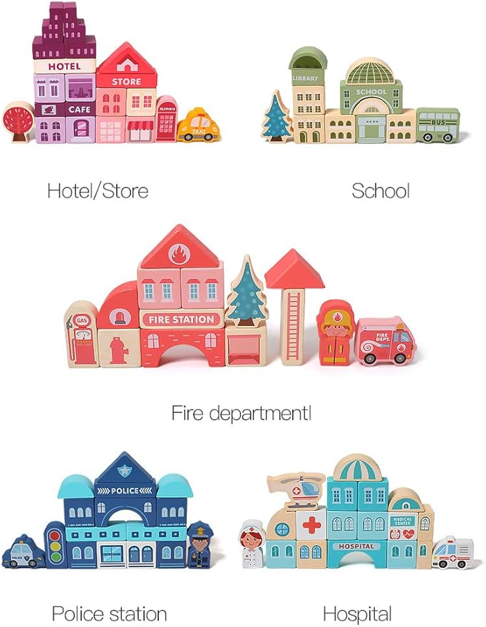 181pcs 'Streetscape' Wooden Building Block Set for Toddlers Jigsaw Puzzle City Map 11 Buildings (3 Extra Bonus: Circus Zoo &amp Construction Site) Preschool Learning Educational Toys
