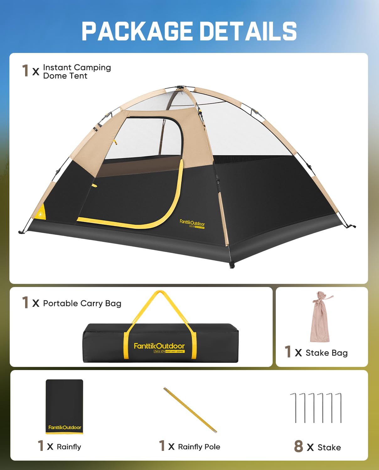 FanttikOutdoor Zeta C4 Camping Tent, 4 Person Instant Dome Tent, Easy Setup in 60s, Portable Waterproof Cabin Tent with Pre-Attached Poles & Air Vent, Ideal for Camping, Hiking, Backyard