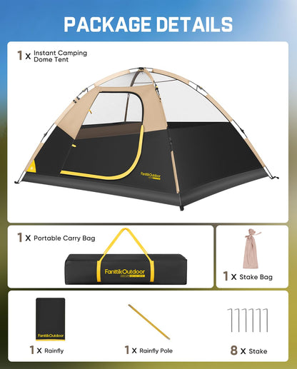 FanttikOutdoor Zeta C4 Camping Tent, 4 Person Instant Dome Tent, Easy Setup in 60s, Portable Waterproof Cabin Tent with Pre-Attached Poles & Air Vent, Ideal for Camping, Hiking, Backyard
