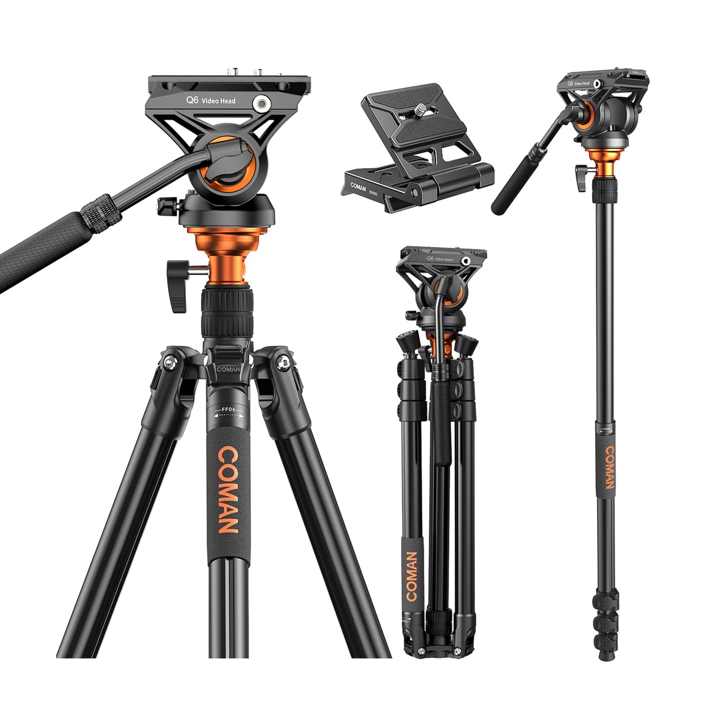 COMAN 73" Camera Tripod with Fluid Head & Leveling Bowl, 22lb Payload, Portable Aluminium 2-in-1 Tripod Monopod, Quick Release Plate, for Canon Nikon Sony DJI DSLR Camera, Black (FF06S)