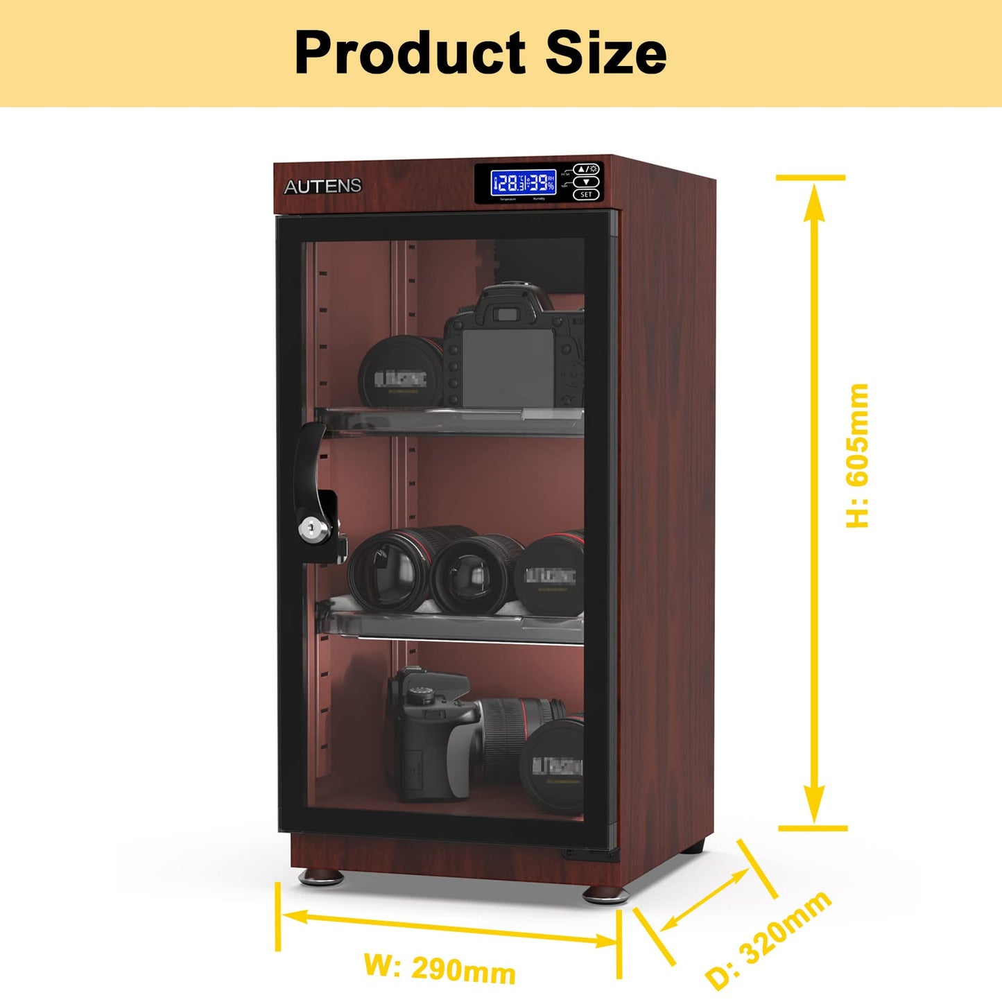 AUTENS 50L Dehumidifying Dry Cabinet Box, Wood grain Design Digital Control Noiseless and Energy Saving, for Camera Lens and Electronic Equipment Storage,Temperature Humidity LED Dual Screen