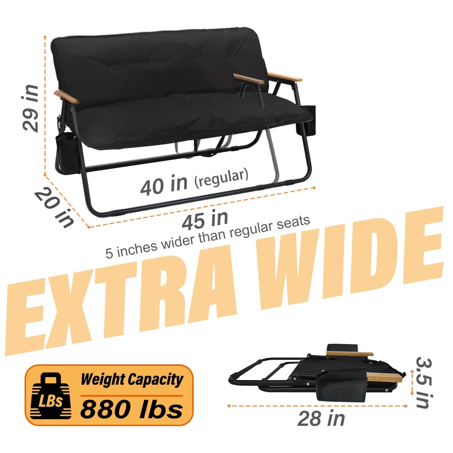ptlsy 2 Person Camping Chair Oversized Loveseat Camping Chair with Seat Cushion Double Camping Chairs for Adults Heavy Duty Camping Couch Black Outdoor Folding Chair Portable Patio Lawn Chair