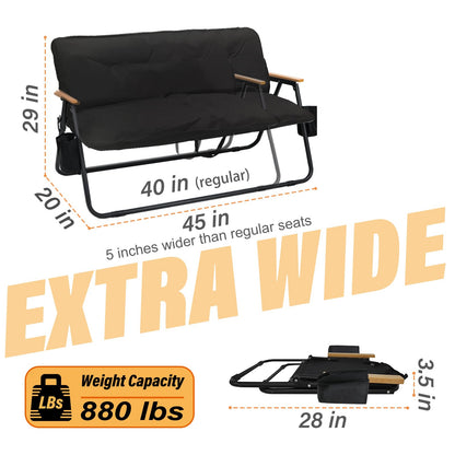 ptlsy 2 Person Camping Chair Oversized Loveseat Camping Chair with Seat Cushion Double Camping Chairs for Adults Heavy Duty Camping Couch Black Outdoor Folding Chair Portable Patio Lawn Chair