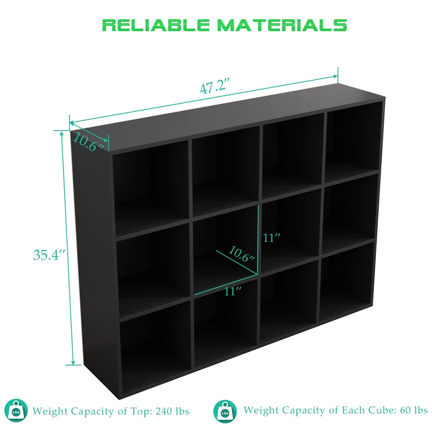 OSCHF 12-Cube Storage Shelf Bookcase - Wooden 3-Tier Floor Standing Open Bookshelf for Home and Office, Display Cabinet, Black
