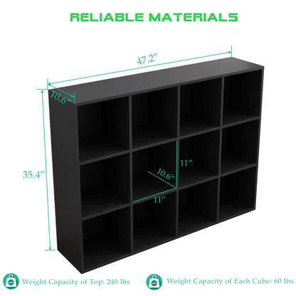 OSCHF 12-Cube Storage Shelf Bookcase - Wooden 3-Tier Floor Standing Open Bookshelf for Home and Office, Display Cabinet, Black