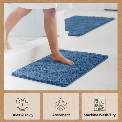 GORILLA GRIP Bath Rug Mat - Soft Absorbent Chenille | Quick Dry Microfiber, Rubber Backing, 24x17, Blue