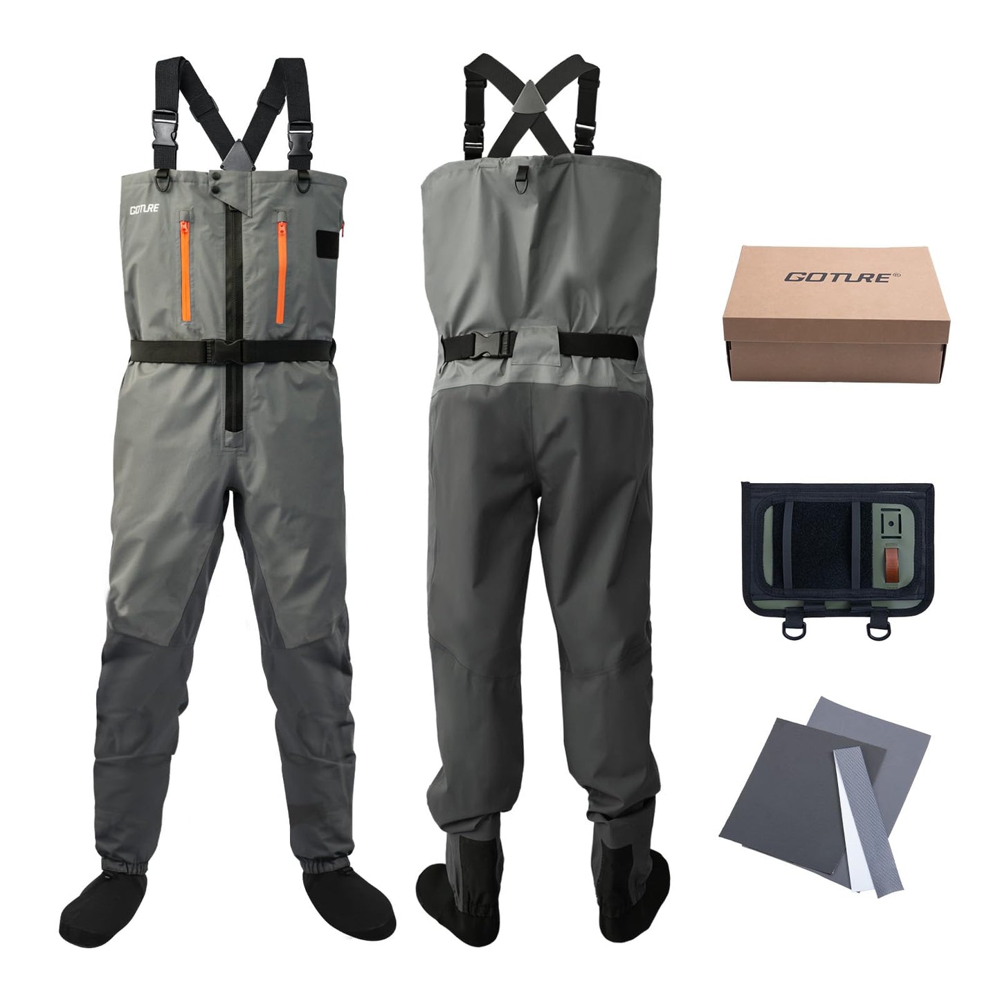 Goture 5-Layer Waterproof Zip Front Stocking Foot Waders, Breathable Fly Fishing Waders for Men Women with Handwarmer, Multiple Storage Pockets, Waist Belt, Fishing Chest Wader for Fishing XL
