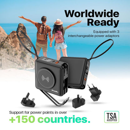 PWRMobile PWR Travel PRO 5-in-1 Power Bank with Case Included– 10,000mAh with Built-in Cables – 20W USB-C + 15W Wireless Charging – Compact Portable Charger for iPhone & Android- Black