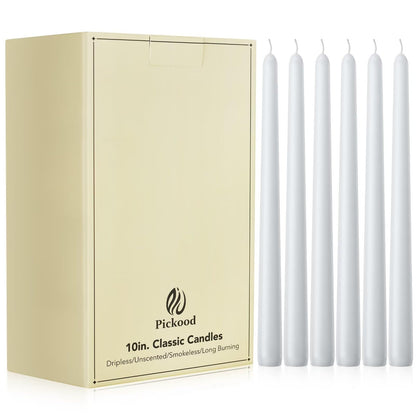 Pickood 10-Inch Tall Unscented Dripless Taper Candles Bulk 30 Pack - White Taper Candles Bulk, Perfect for Wedding, Dinner - Smokeless, 6-8 Hour Long Burning - Colored Candlesticks Bulk - White
