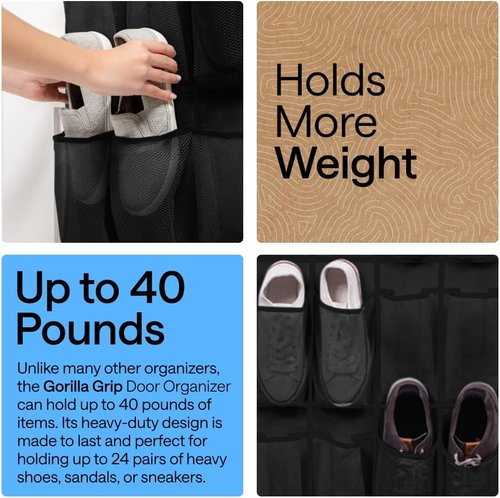 GORILLA GRIP Over The Door Shoe Organizer - 24 Large Breathable Mesh Pockets | Space-Saving Storage in Black
