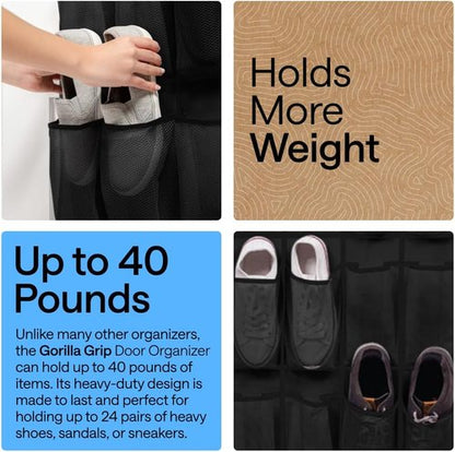 GORILLA GRIP Over The Door Shoe Organizer - 24 Large Breathable Mesh Pockets | Space-Saving Storage in Black
