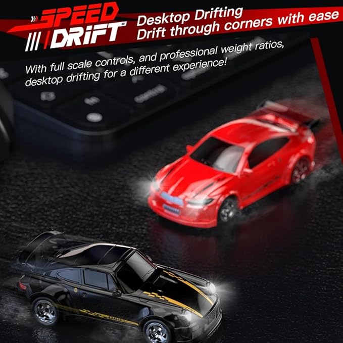 1/64 Scale 2.4G High Speed Drift RC Car Remote Control Drift 4WD Mini Lights System Desktop Drift Car for Adults (Blue)