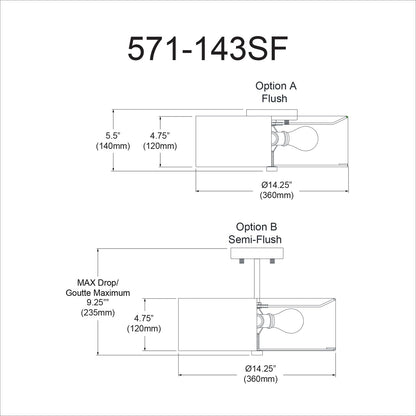 Dainolite Everly Semi Flush Light Fixture, 3-Light, 180 Watts, Black, Model 571-143SF-MB-WH