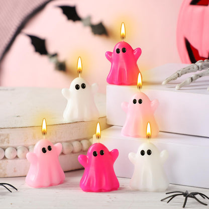 DoubleFill 12 Pcs Pink Halloween Ghost Candles Cute Burning Unscented Wax Candles Hot Pink Ghost Spooky Decor for Halloween Holidays Party Bedroom Table Decorations
