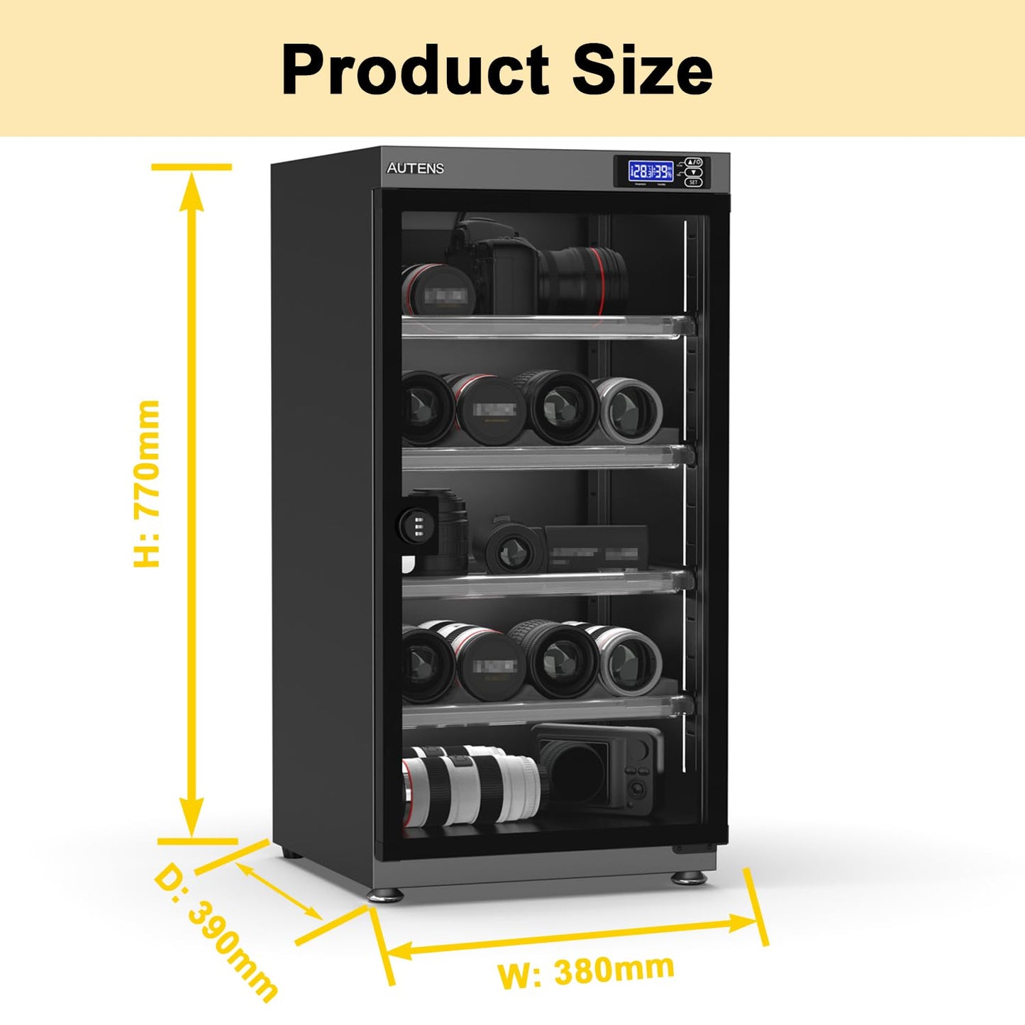AUTENS Dehumidifying Dry Cabinet Box with Combination Lock,Digital Control Noiseless and Energy Saving,for Camera Lens,Electronic Equipment,Collectibles Storage,Temperature Humidity LED Screen (100L)